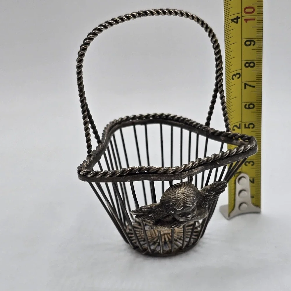 Vintage Silver Tone Wire Metal Decorative Mini Basket Angel Cherub On Front